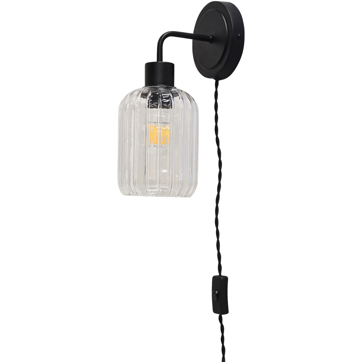 Set Of 2 Toby Black Plug In Wall Lights Ribbed Glass Shades - Black & Clear – image 2