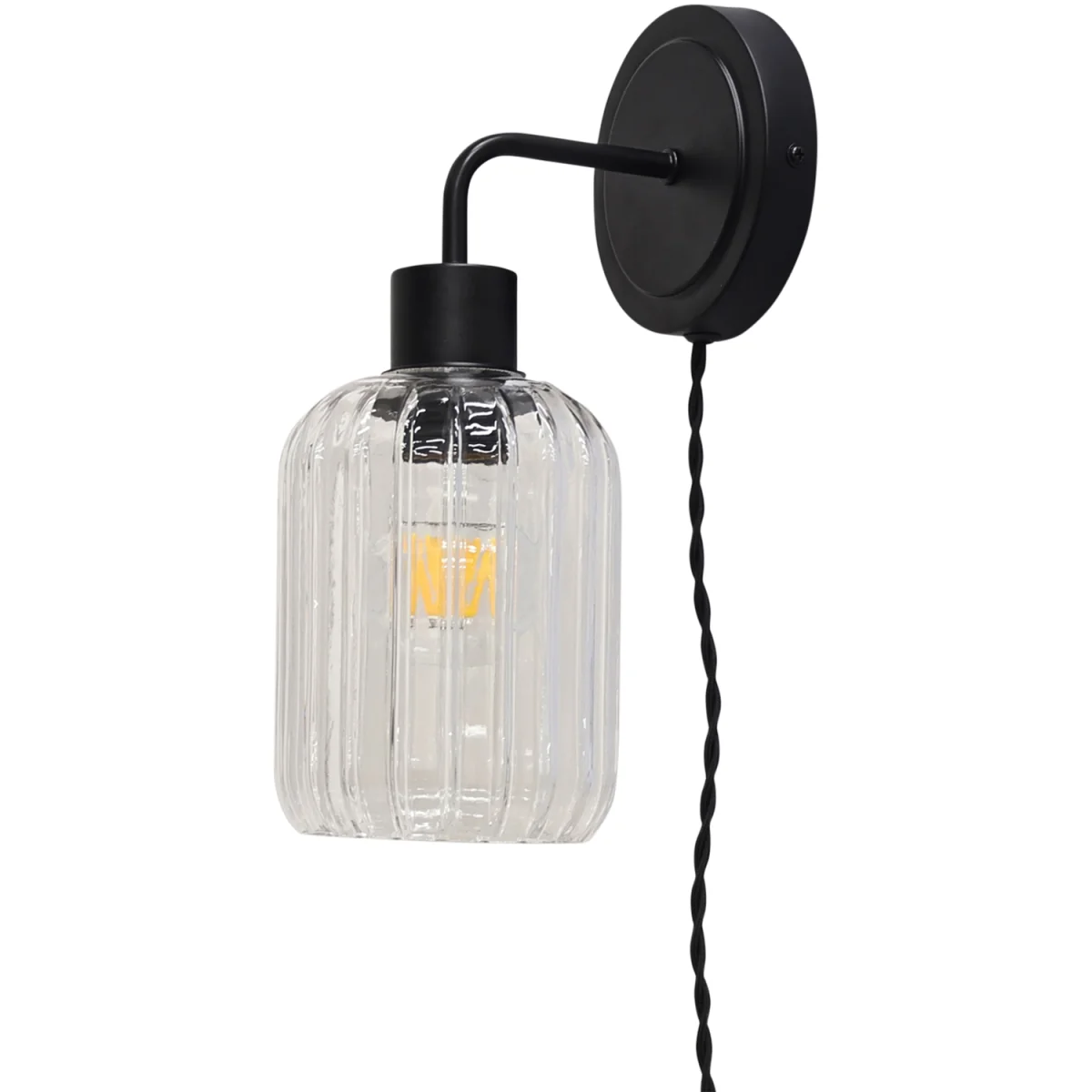 Set Of 2 Toby Black Plug In Wall Lights Ribbed Glass Shades - Black & Clear – image 3