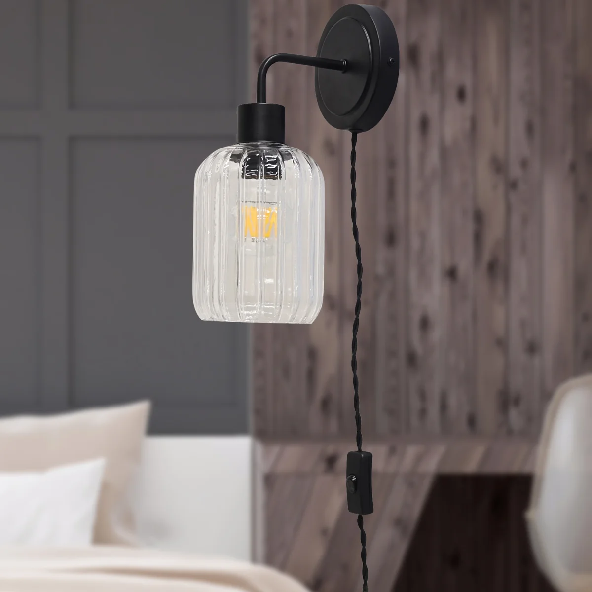 Set Of 2 Toby Black Plug In Wall Lights Ribbed Glass Shades - Black & Clear – image 4