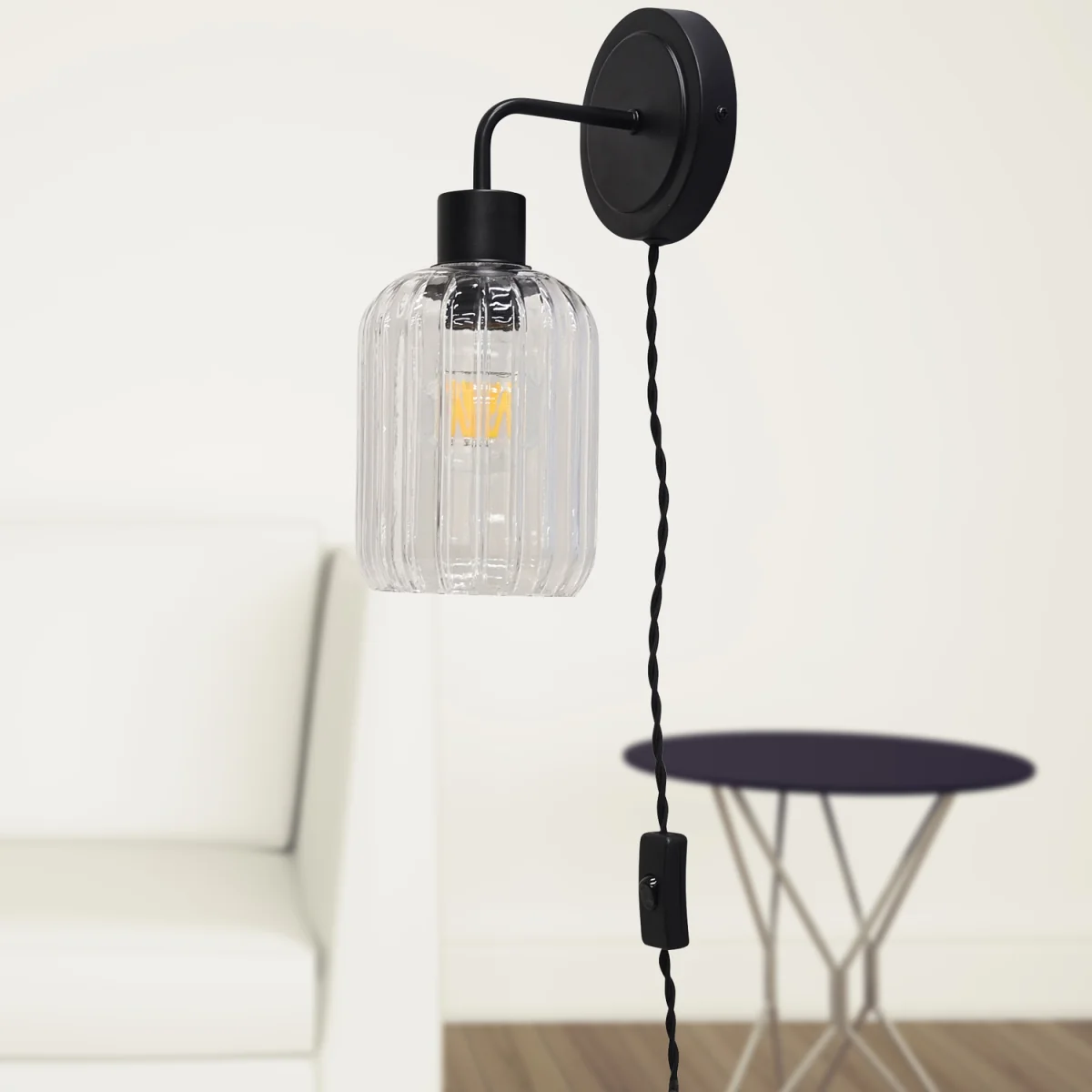 Set Of 2 Toby Black Plug In Wall Lights Ribbed Glass Shades - Black & Clear – image 5