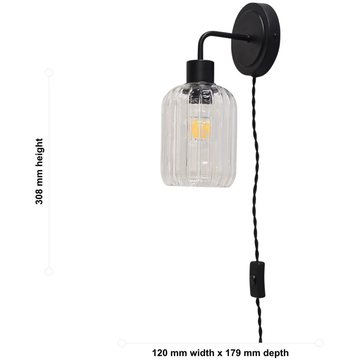 Set Of 2 Toby Black Plug In Wall Lights Ribbed Glass Shades - Black & Clear – image 6