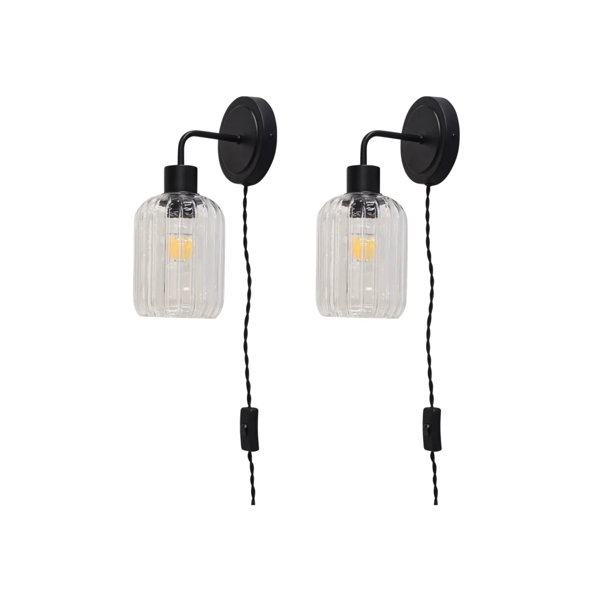 Set Of 2 Toby Black Plug In Wall Lights Ribbed Glass Shades - Black & Clear – image 1