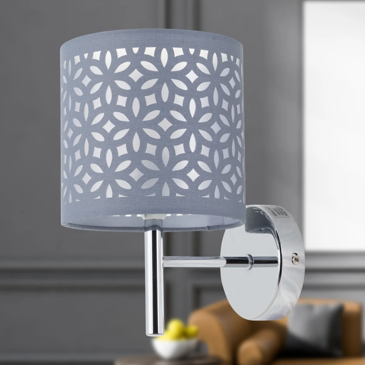 Set Of 2 Brea Wall Lights - Polished Chrome Plate And Grey Cut Out Cotton – image 5