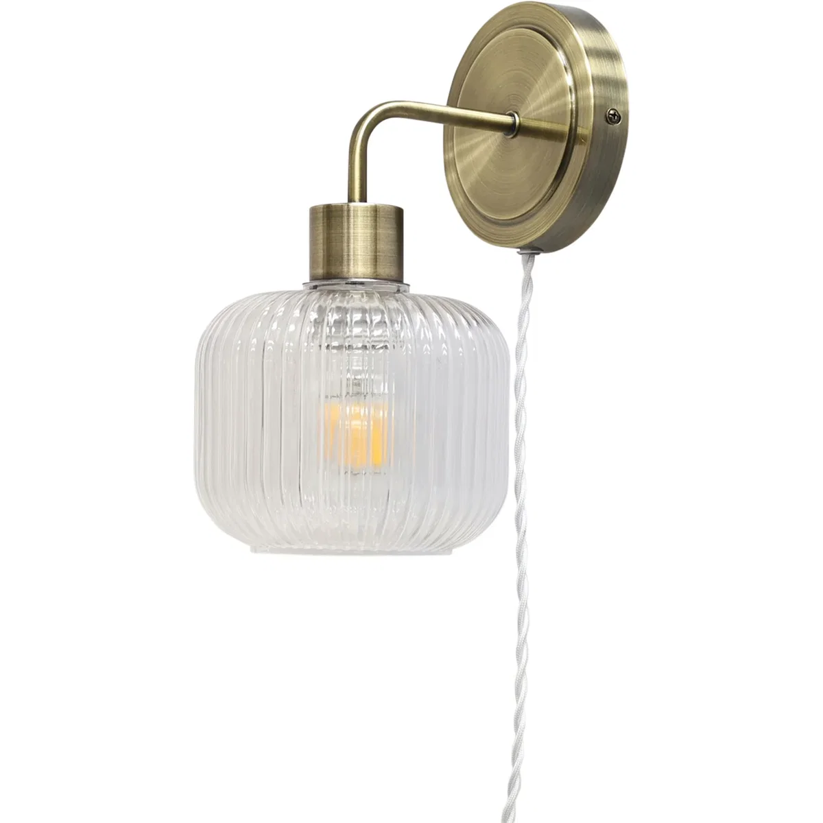 Toby Antique Brass Plug In Wall Light With Batley Ribbed Glass Shade - Antique Brass & Clear – image 2