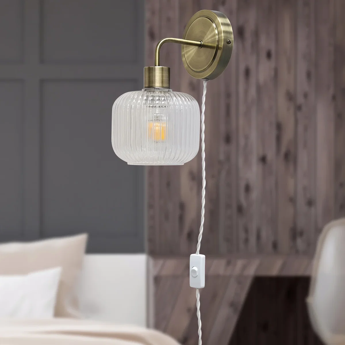 Toby Antique Brass Plug In Wall Light With Batley Ribbed Glass Shade - Antique Brass & Clear – image 3