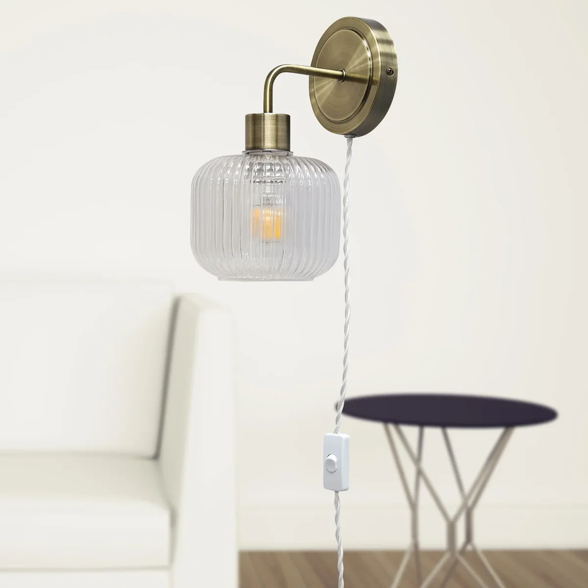 Toby Antique Brass Plug In Wall Light With Batley Ribbed Glass Shade - Antique Brass & Clear – image 4