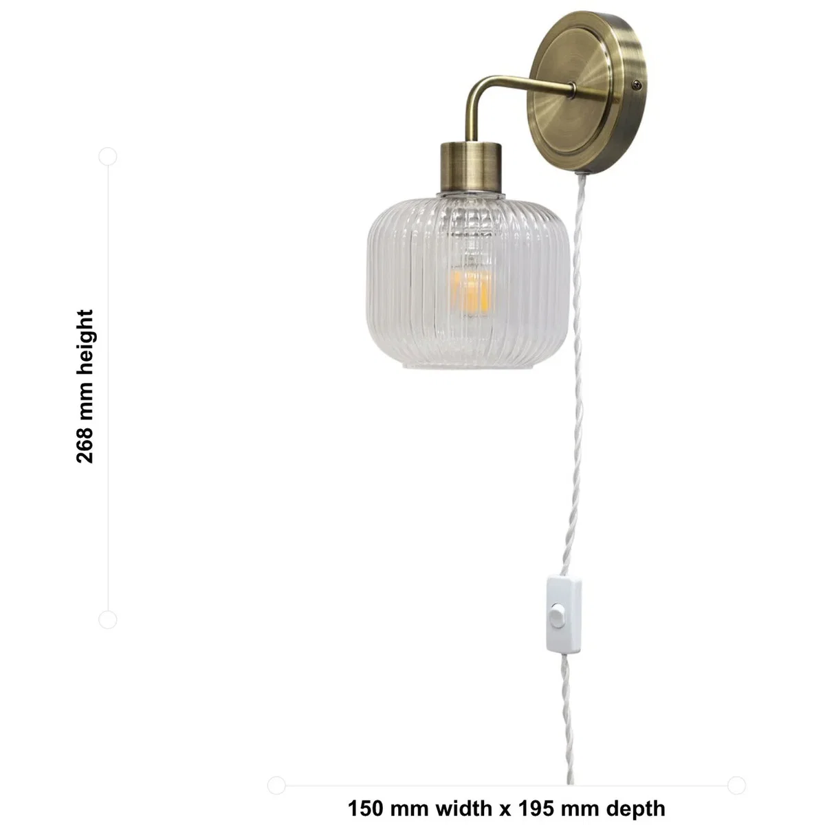 Toby Antique Brass Plug In Wall Light With Batley Ribbed Glass Shade - Antique Brass & Clear – image 5