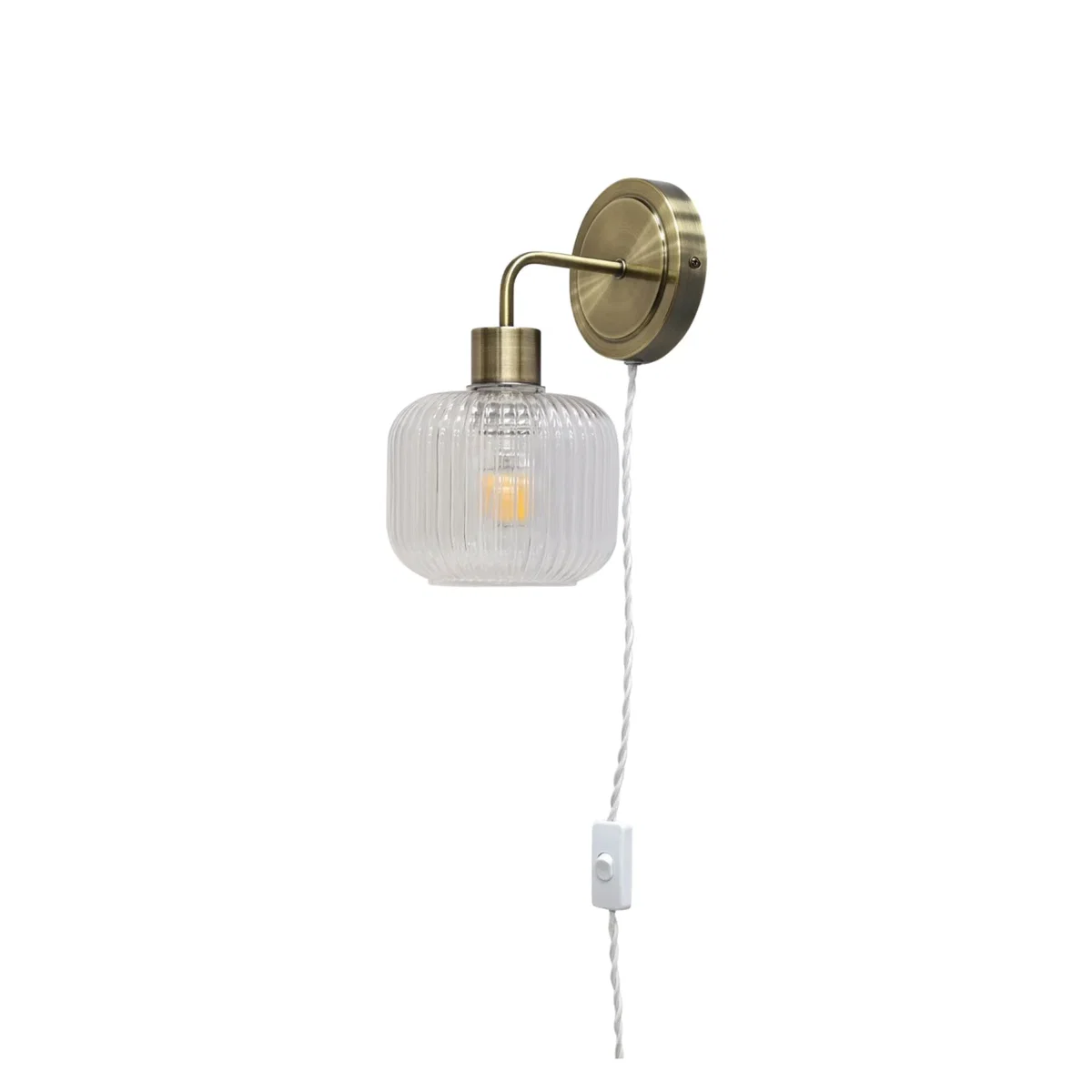 Toby Antique Brass Plug In Wall Light With Batley Ribbed Glass Shade - Antique Brass & Clear – image 1