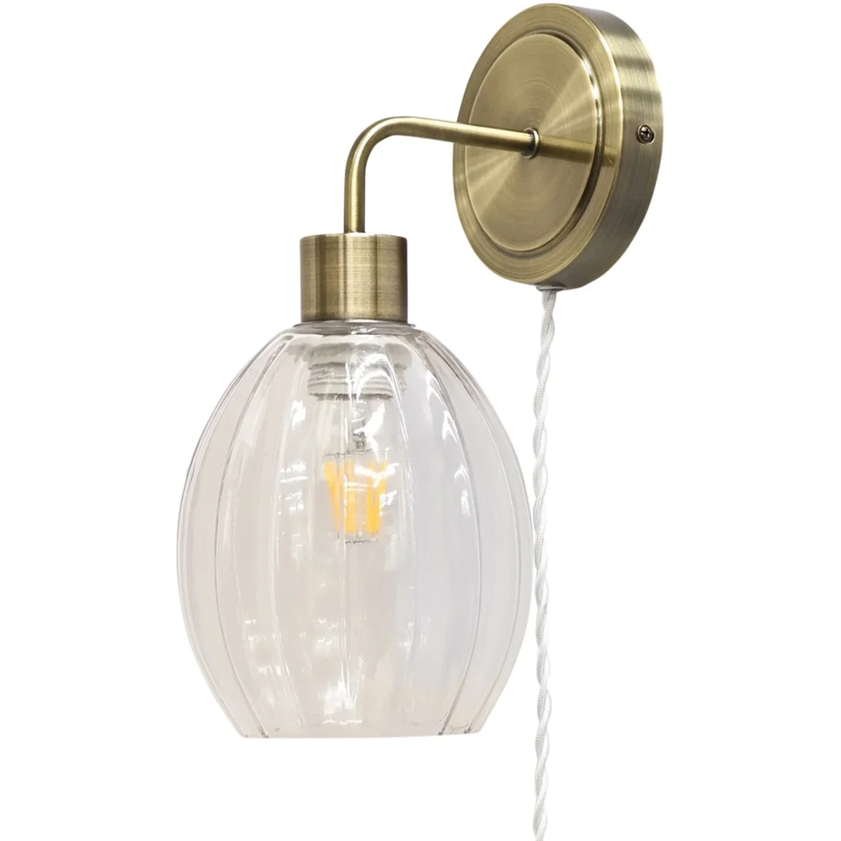 Toby Antique Brass Plug In Wall Light With Birch Fluted Glass Shade - Antique Brass & Clear – image 2