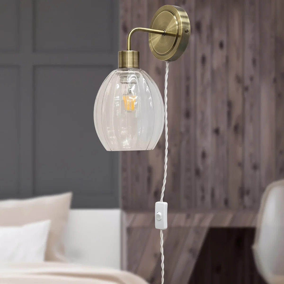 Toby Antique Brass Plug In Wall Light With Birch Fluted Glass Shade - Antique Brass & Clear – image 3