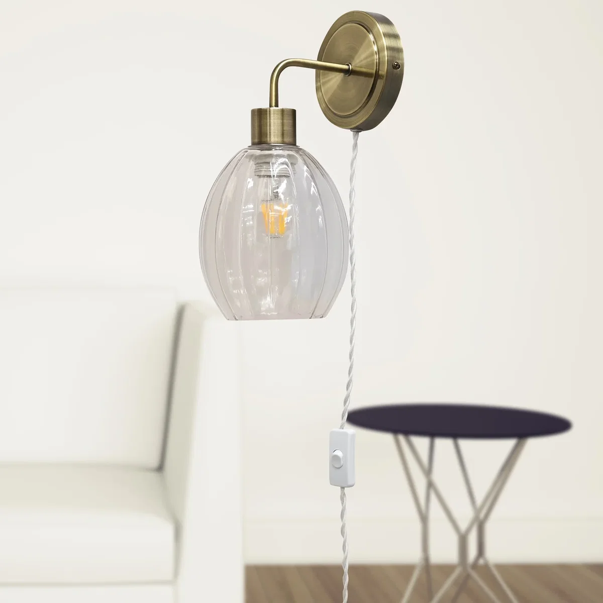 Toby Antique Brass Plug In Wall Light With Birch Fluted Glass Shade - Antique Brass & Clear – image 4