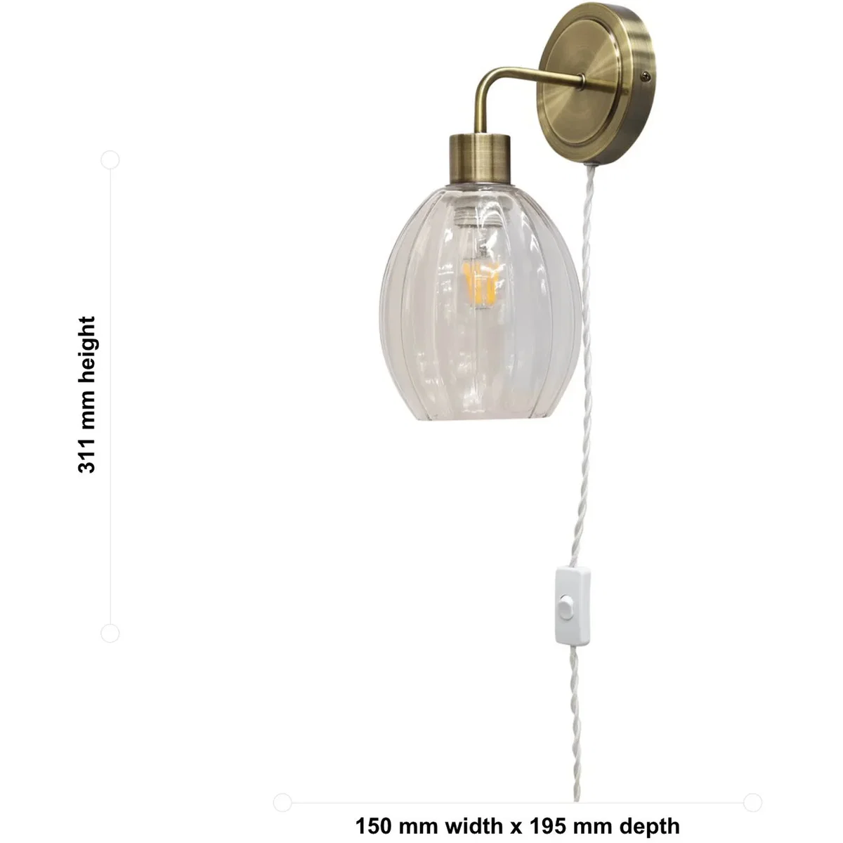 Toby Antique Brass Plug In Wall Light With Birch Fluted Glass Shade - Antique Brass & Clear – image 5