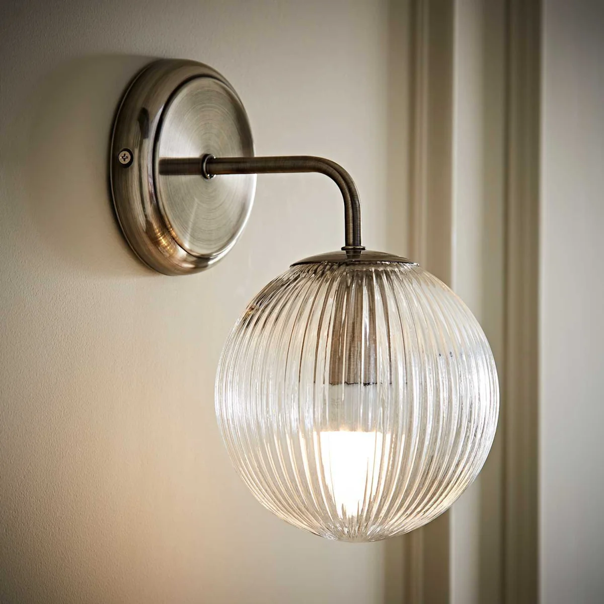 Kempton Wall Light with Ribbed Globe Shade - Brushed Chrome / 15cm / 1 – image 2