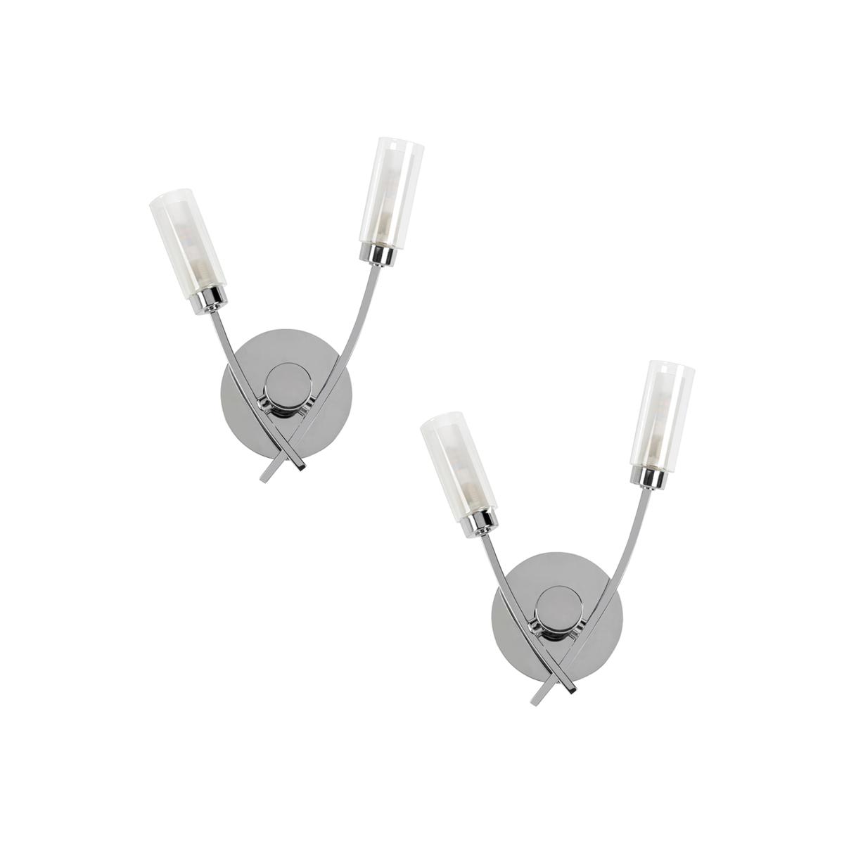 Pair Of Modern 2 Way Silver Chrome Wall Lights With Glass Shades - Silver