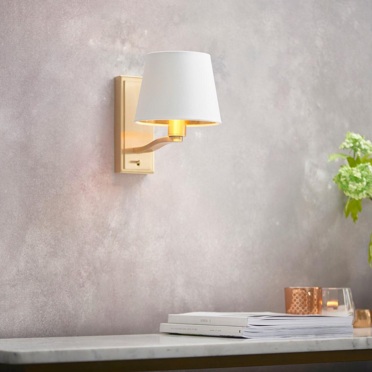 Harvey 1 Light Indoor Wall Light Satin Brushed Gold Vintage White Faux Silk - Satin Brushed Gold / 1.1kg – image 2