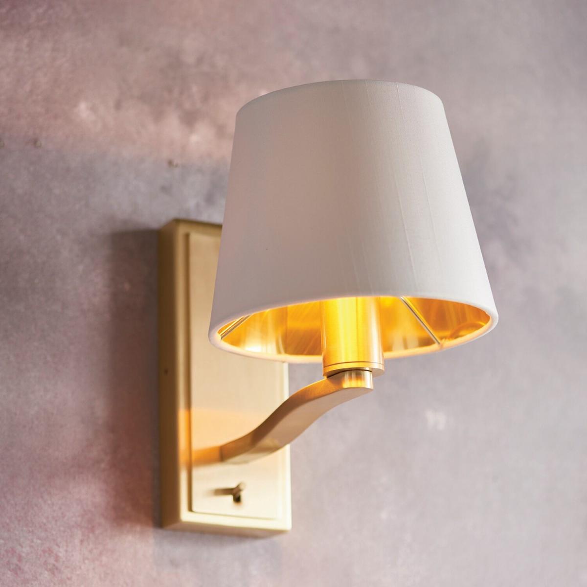 Harvey 1 Light Indoor Wall Light Satin Brushed Gold Vintage White Faux Silk - Satin Brushed Gold / 1.1kg – image 3