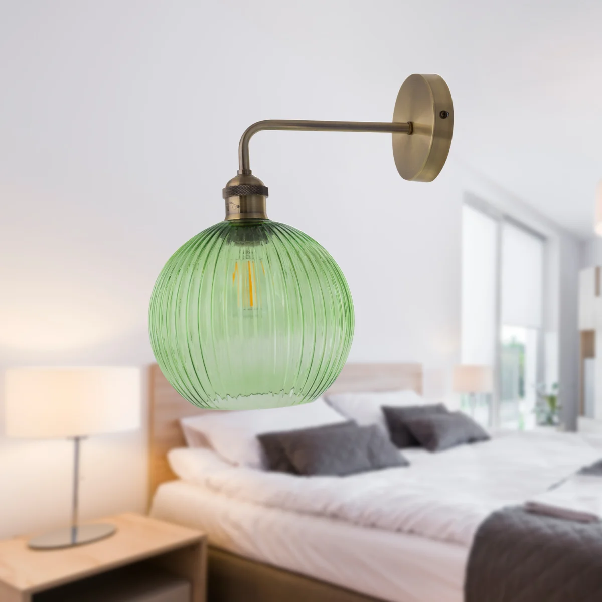 Set Of 2 Isaac Wall Lights - Antique Brass Plate And Clear Green Ribbed Glass – image 6