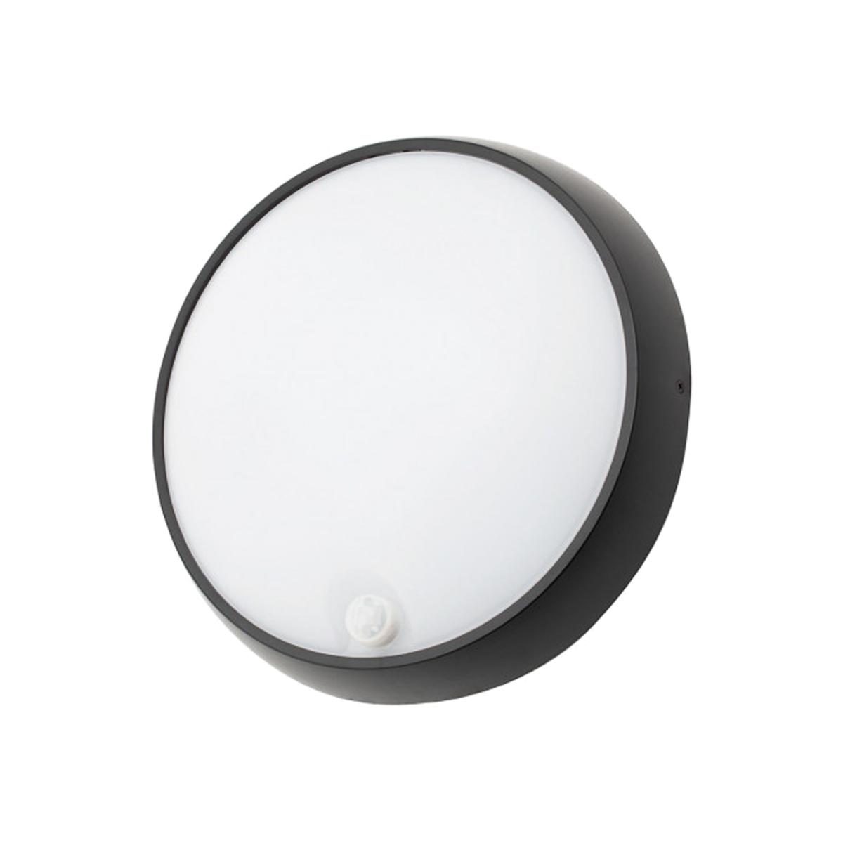 Grato 15 Watt Outdoor Round Bulkhead Light with PIR Sensor - Black