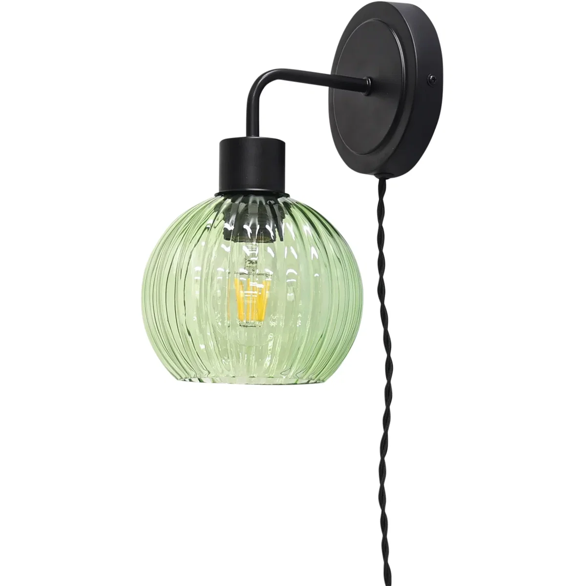 Toby Black Plug In Wall Light With Betchley Green Ribbed Shade - Black & Green – image 2