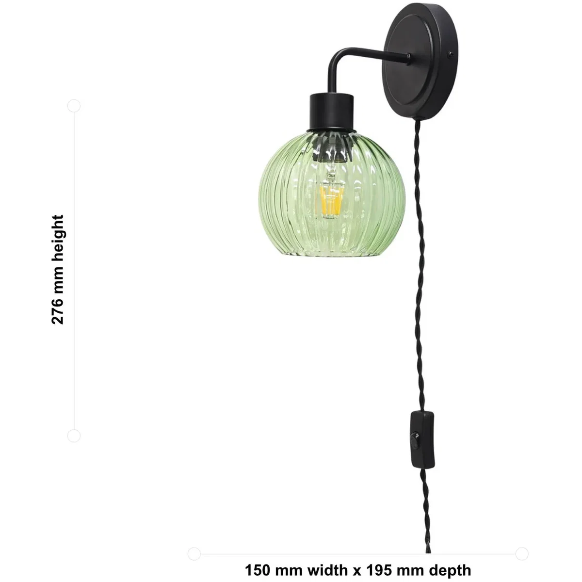 Toby Black Plug In Wall Light With Betchley Green Ribbed Shade - Black & Green – image 5