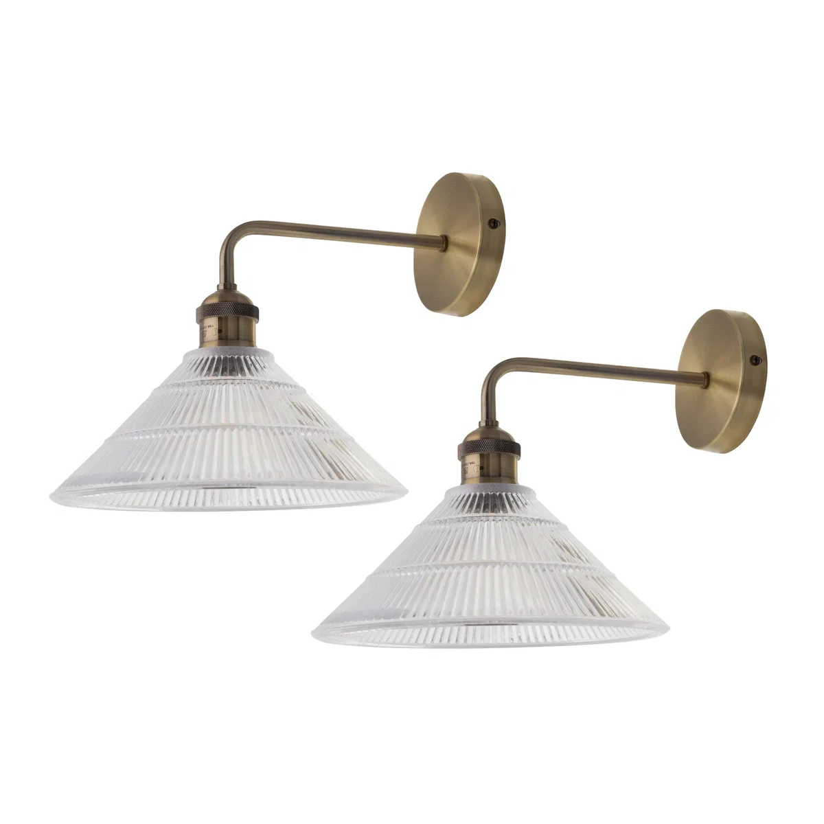 Set Of 2 Isaac Antique Brass Wall Lights With Fluted Glass Shades - Antique Brass & Clear Ribbed – image 1