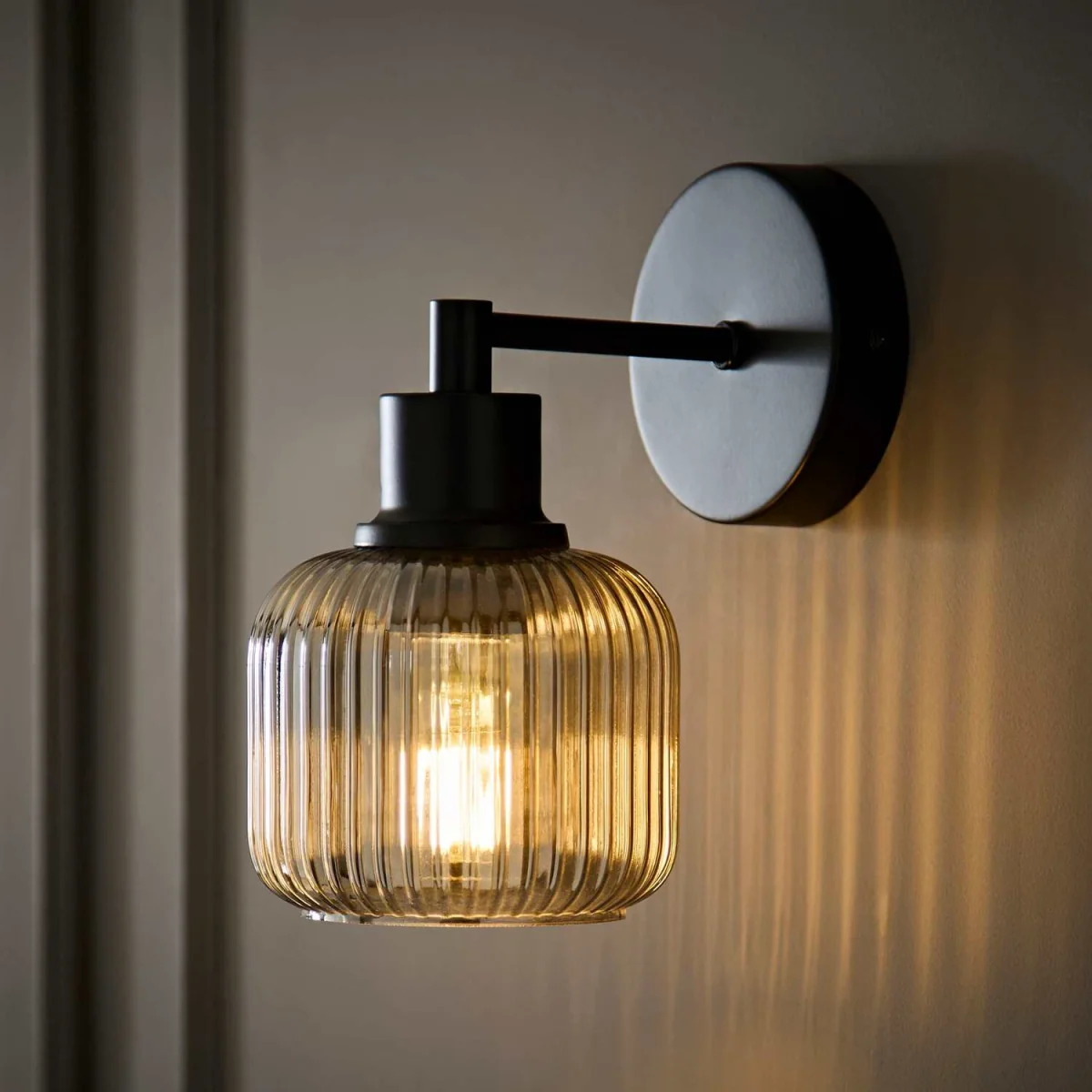 Calpe Metallic Fixings Ribbed Glass Shade Wall Light - Clear Glass / 1 / No - Black / 0 – image 2