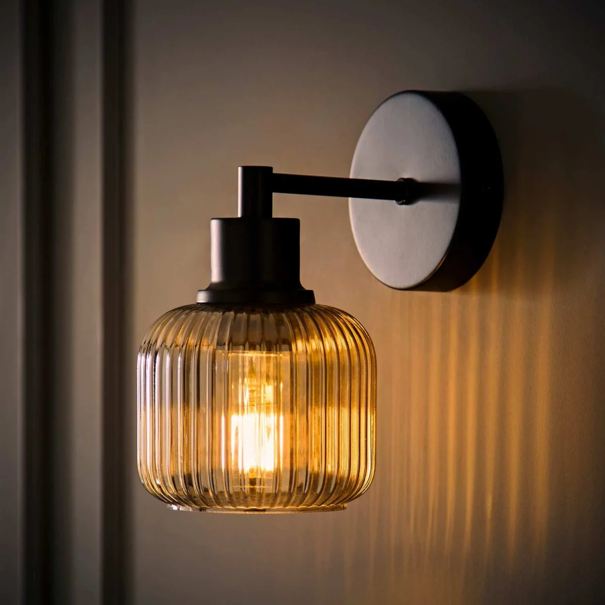 Calpe Metallic Fixings Ribbed Glass Shade Wall Light - Clear Glass / 1 / No - Black / 0 – image 3