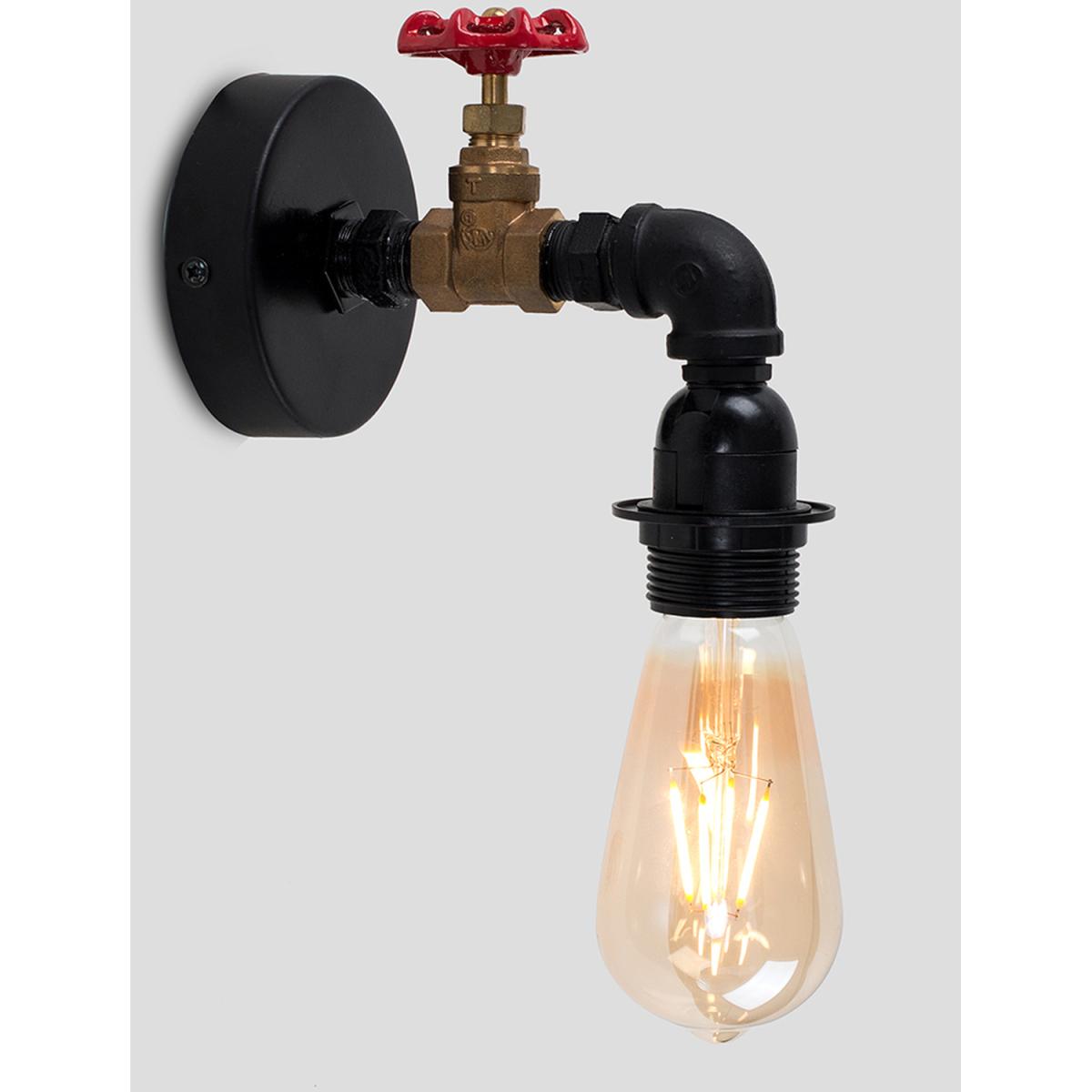 Pair Of Industrial Antique Brass Satin Black Pipework And Red Tap Wall Lights - Black – image 2