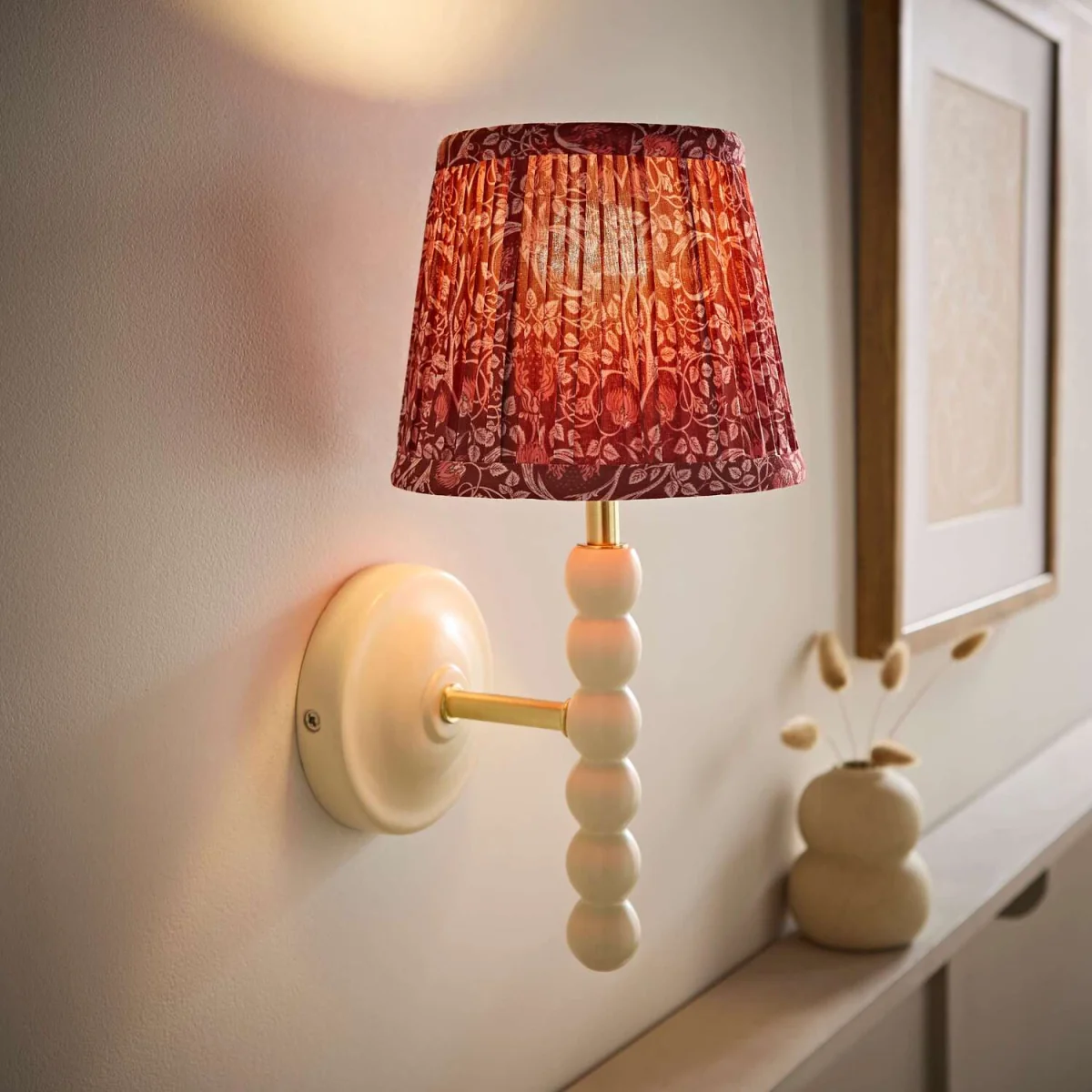 Bobbin Cream Wooden Wall Light with Floral Pleated Shade - Burgundy / 1 / No - Burgundy / 0 – image 2