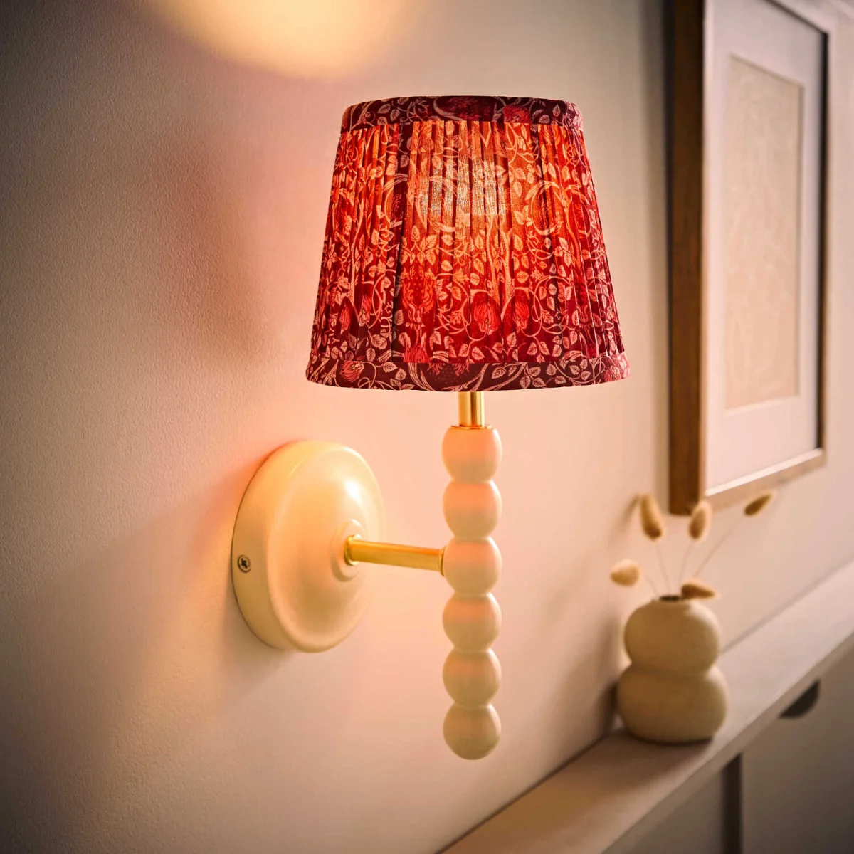 Bobbin Cream Wooden Wall Light with Floral Pleated Shade - Burgundy / 1 / No - Burgundy / 0 – image 3