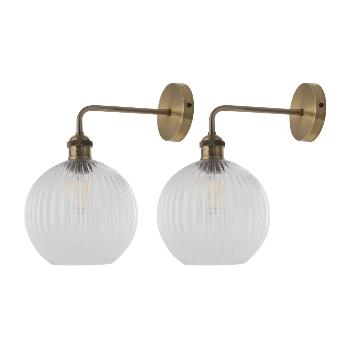 Set Of 2 Isaac Antique Brass Wall Lights With Clear Ribbed Shades - Antique Brass & Clear Ribbed – image 1