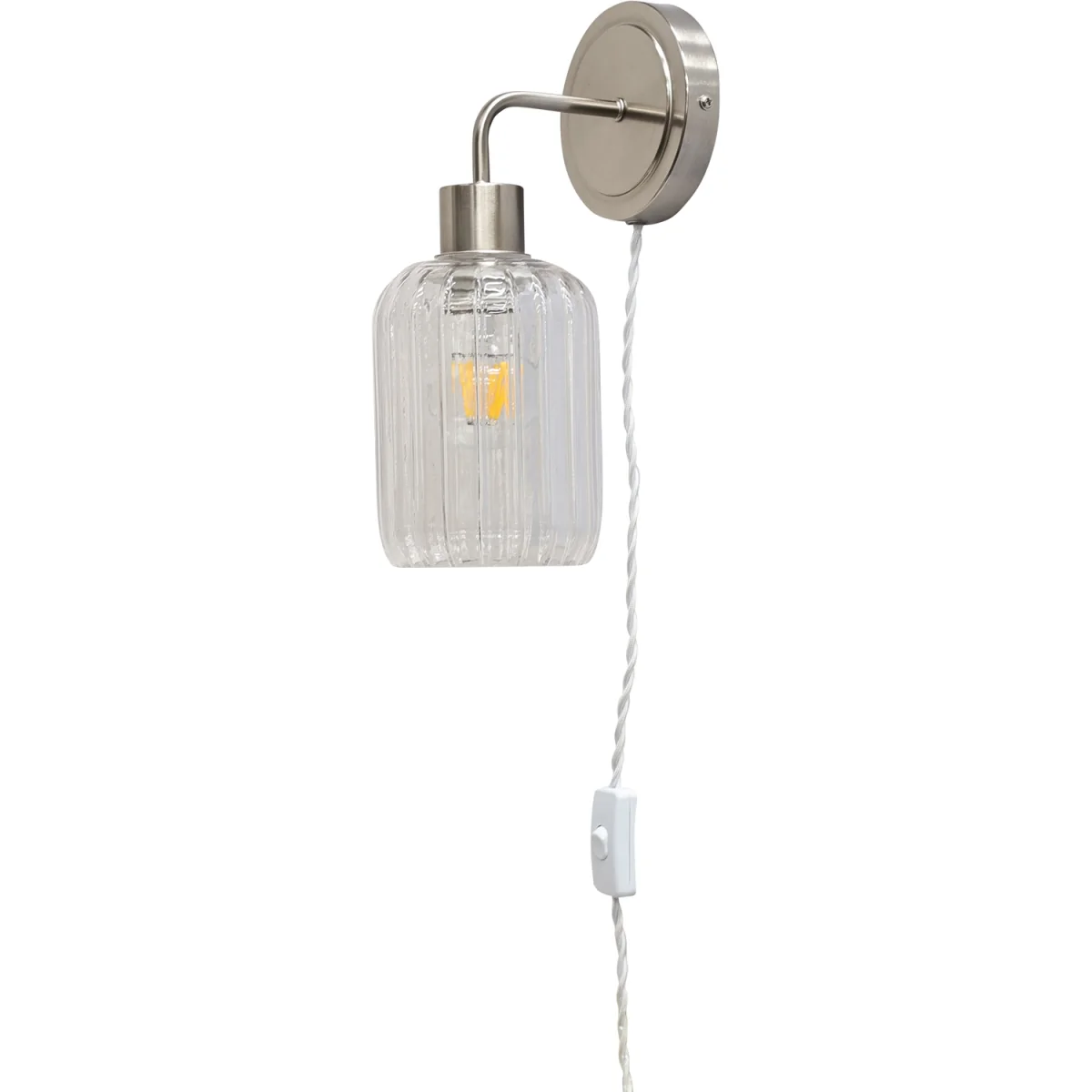 Set Of 2 Toby Satin Nickel Plug In Wall Lights Ribbed Glass Shades - Satin Nickel & Clear – image 2