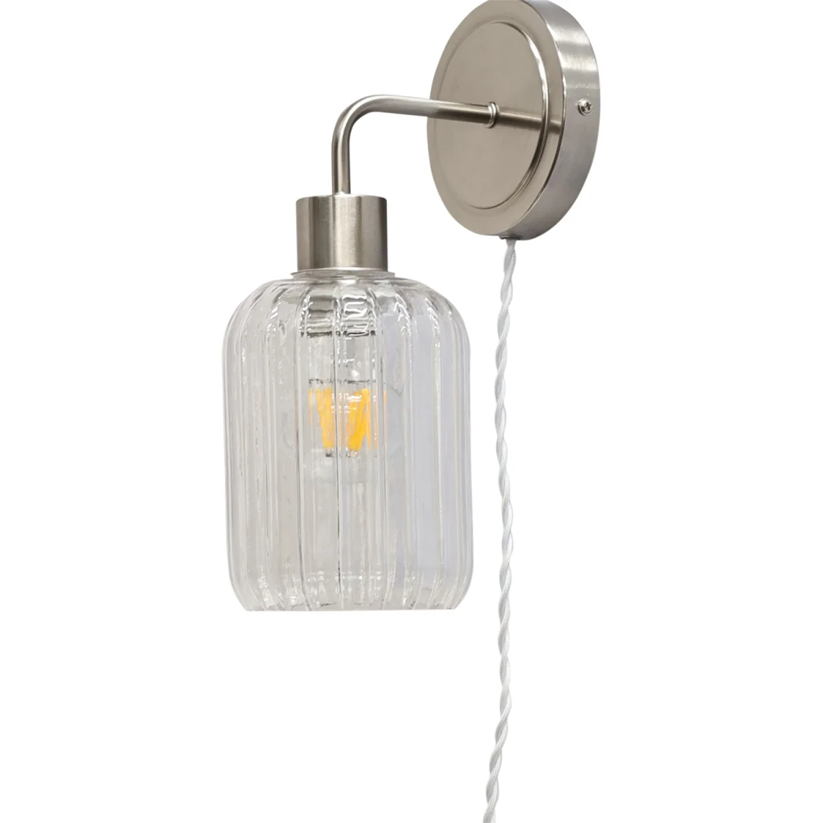 Set Of 2 Toby Satin Nickel Plug In Wall Lights Ribbed Glass Shades - Satin Nickel & Clear – image 3