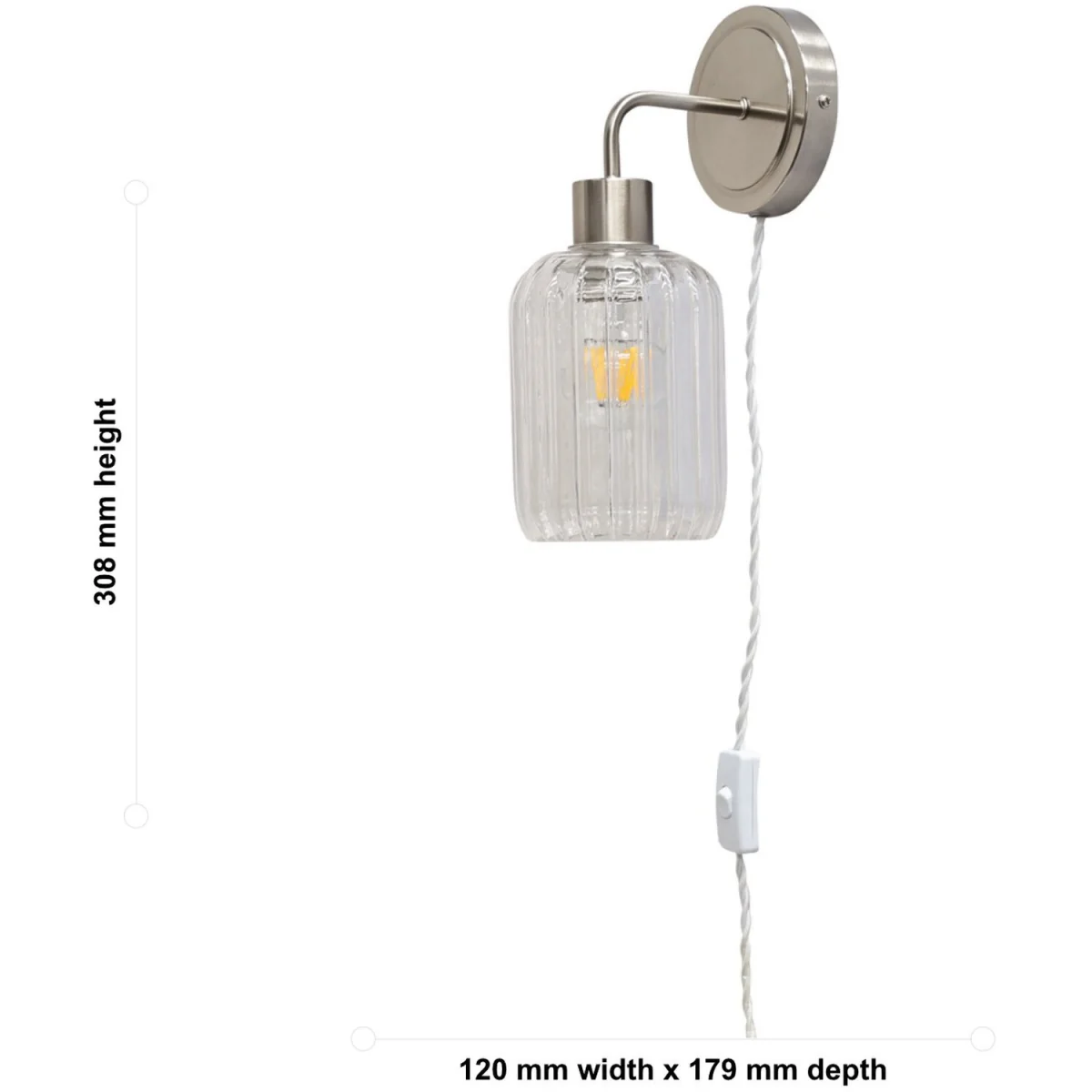 Set Of 2 Toby Satin Nickel Plug In Wall Lights Ribbed Glass Shades - Satin Nickel & Clear – image 6