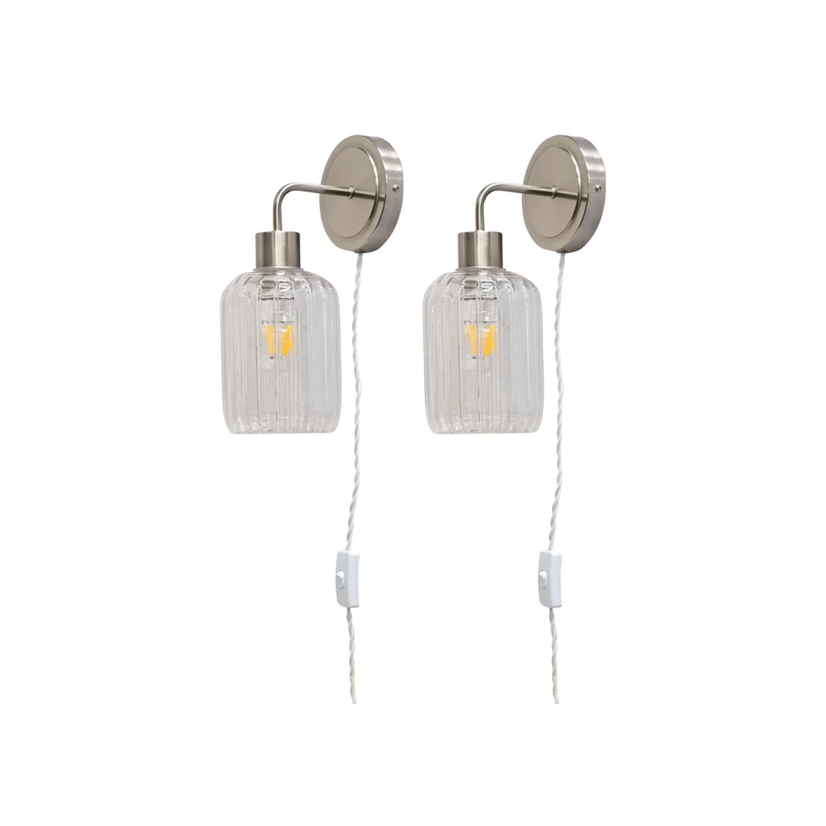 Set Of 2 Toby Satin Nickel Plug In Wall Lights Ribbed Glass Shades - Satin Nickel & Clear – image 1