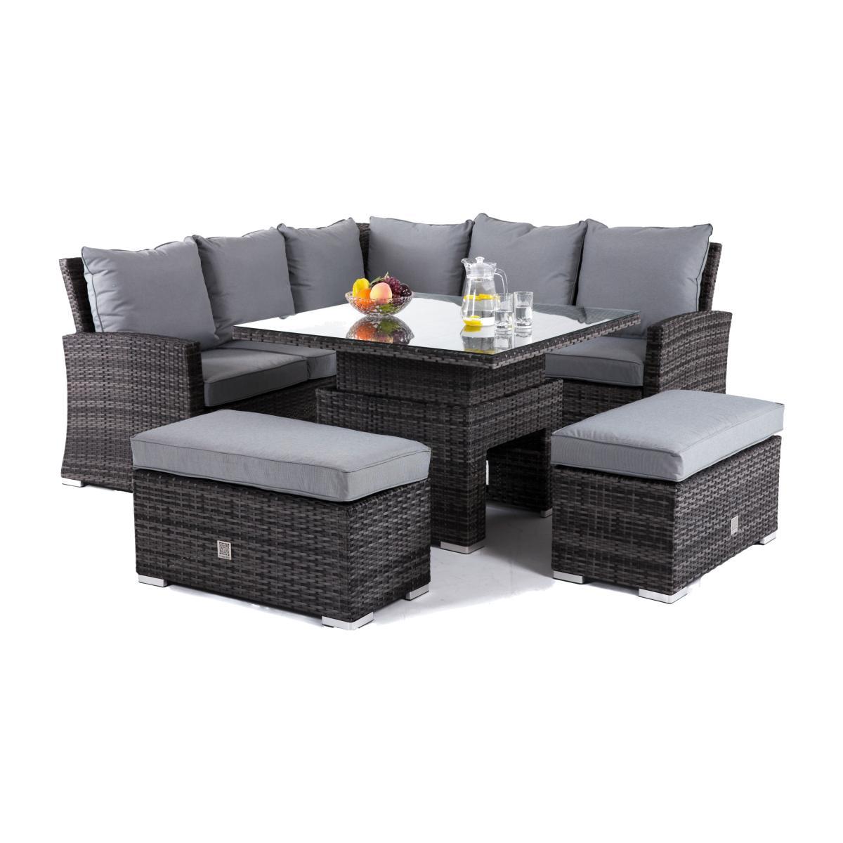 Rovsham Corner Garden Dining Set With Rising Table in Light Grey Weave and Grey Fabric