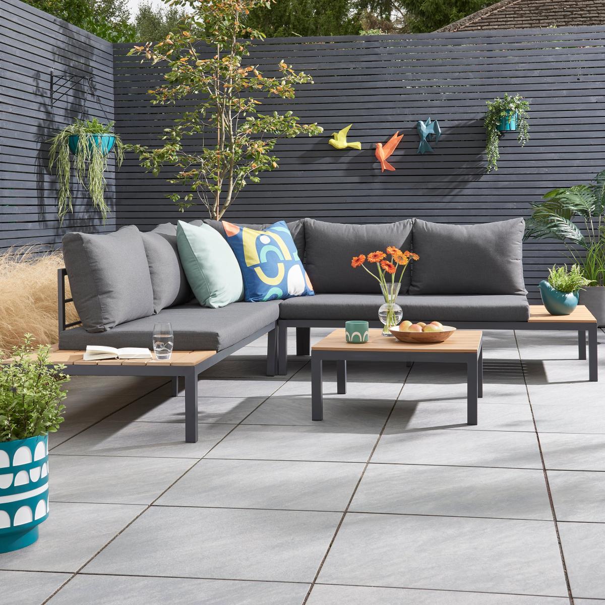 Elements 5 Seater Slatted Wood Corner Sofa Set Grey – image 1