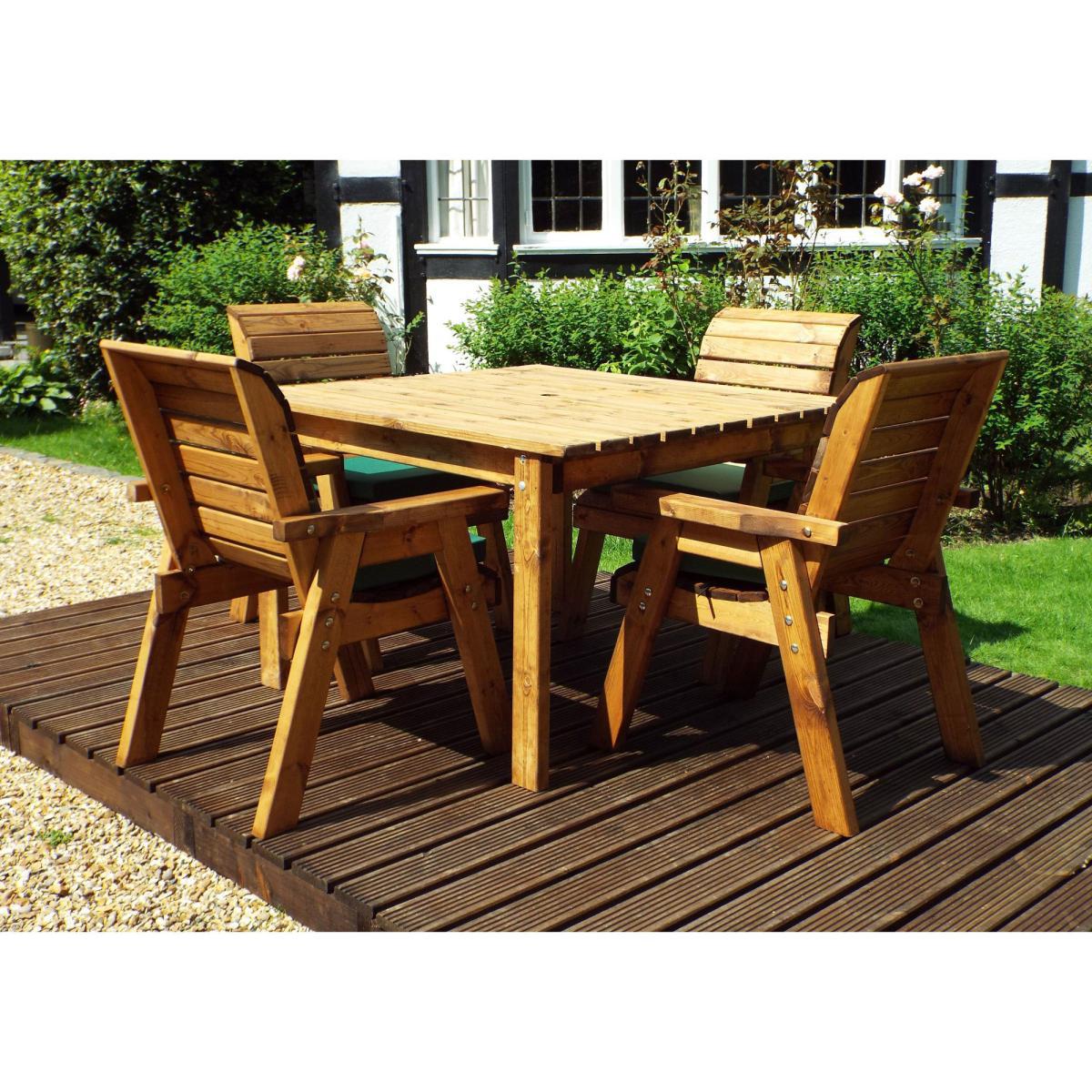 Charles Taylor 4 Seater Wooden Square Dining Set with Green Seat Pads and Parasol Brown – image 2