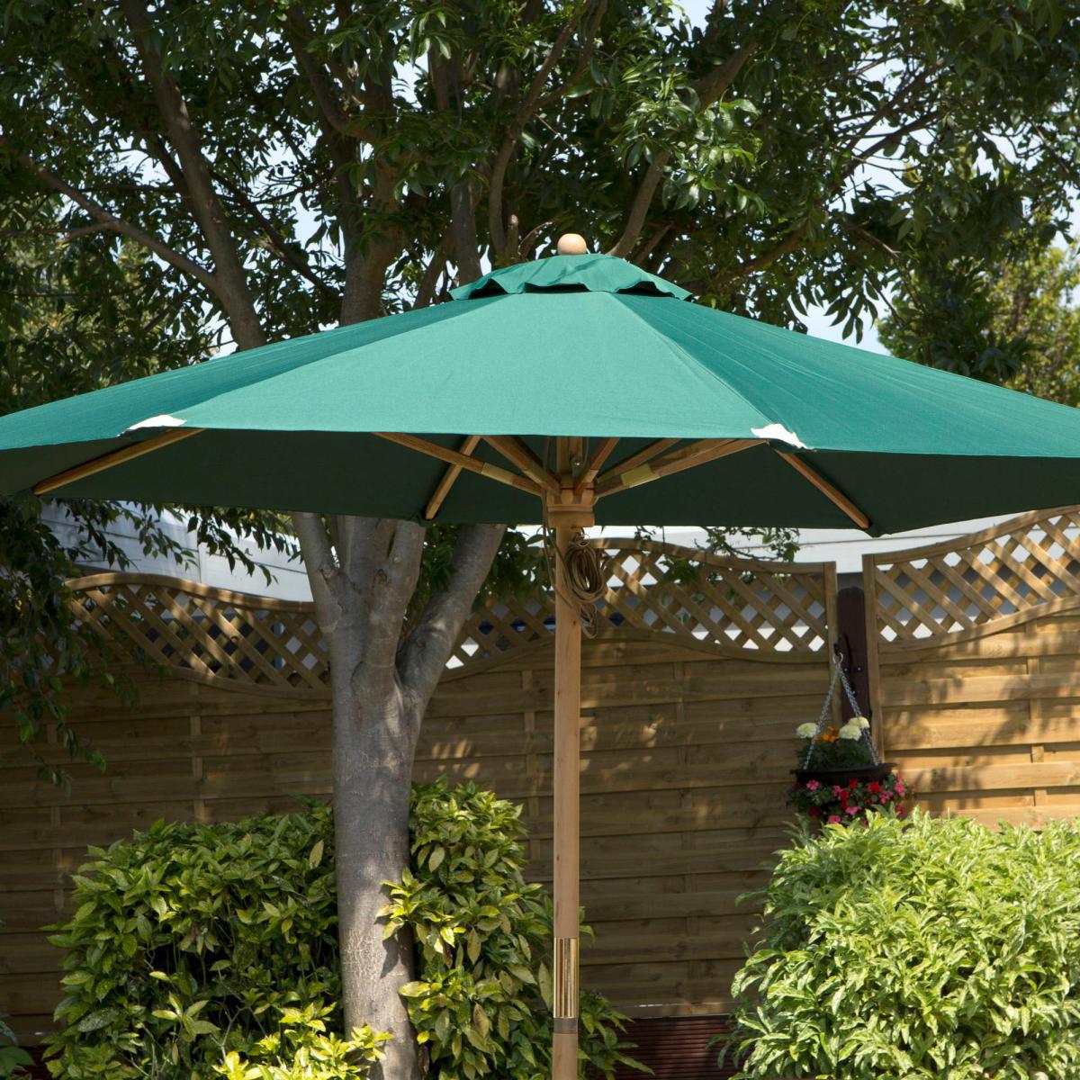 Charles Taylor 4 Seater Wooden Square Dining Set with Green Seat Pads and Parasol Brown – image 3