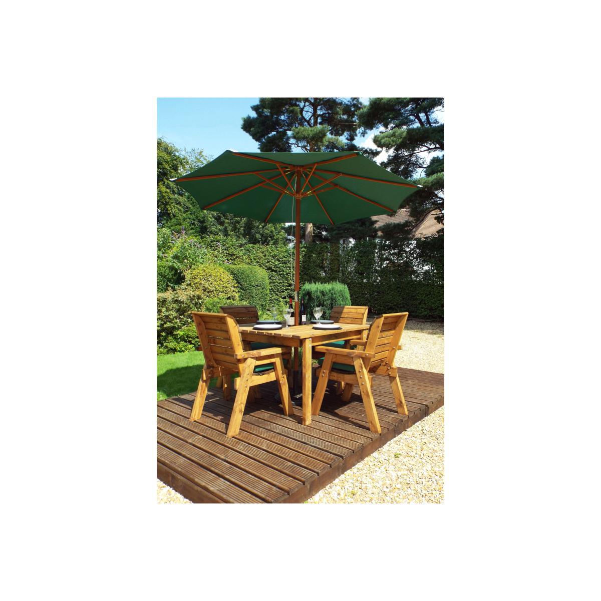 Charles Taylor 4 Seater Wooden Square Dining Set with Green Seat Pads and Parasol Brown – image 1