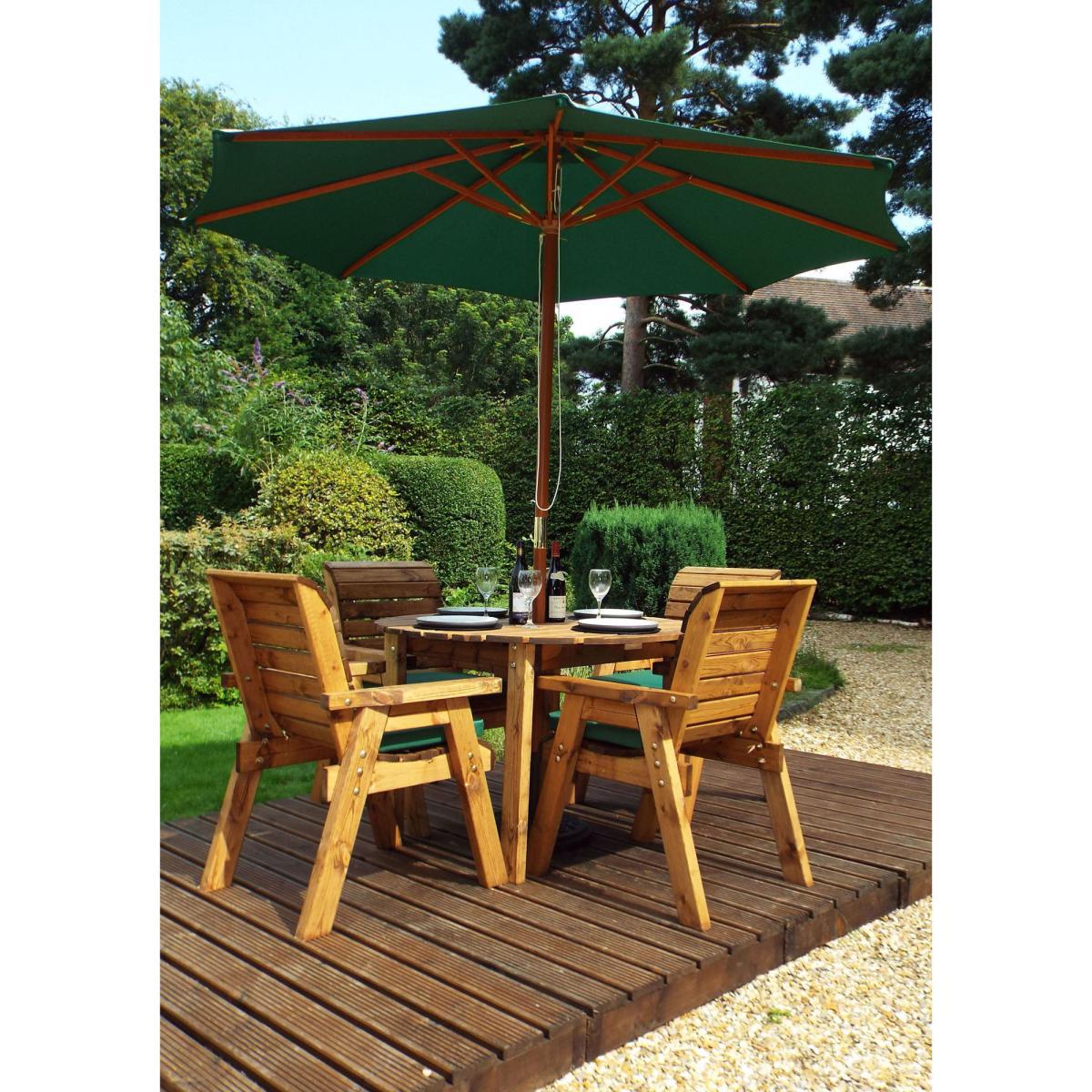 Charles Taylor 4 Seater Wooden Round Dining Set with Green Seat Pads and Parasol Brown – image 2