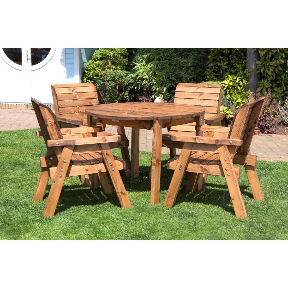 Charles Taylor 4 Seater Wooden Round Dining Set with Green Seat Pads and Parasol Brown – image 5