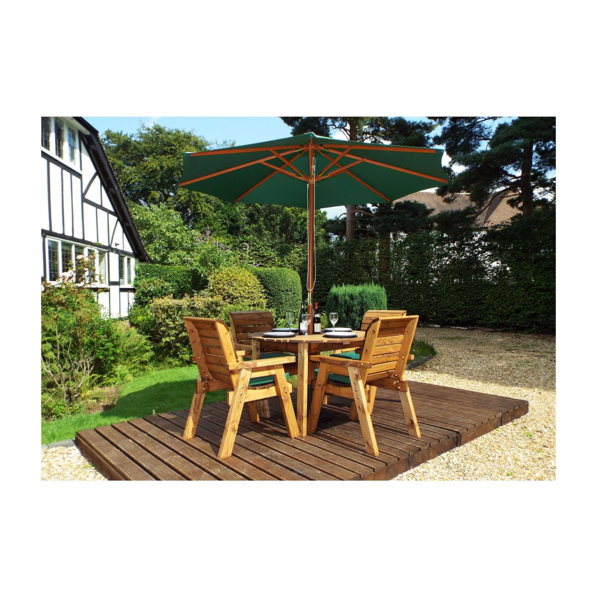 Charles Taylor 4 Seater Wooden Round Dining Set with Green Seat Pads and Parasol Brown – image 1
