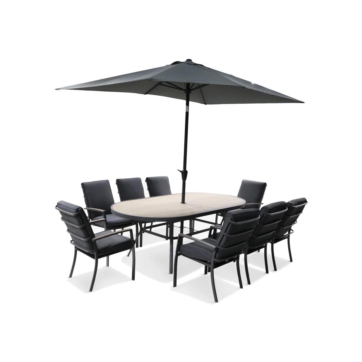 LG Outdoor Monza 8-Seater Garden Oval Dining Table & Chairs Set with Parasol, Grey – image 1