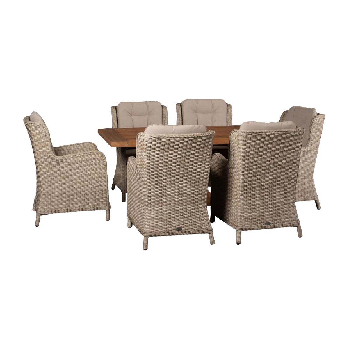 Bramblecrest Kuta Chedworth 6-Seater Rectangular Teak Wood Garden Dining Table & Rattan Chairs Set, Sandstone – image 1