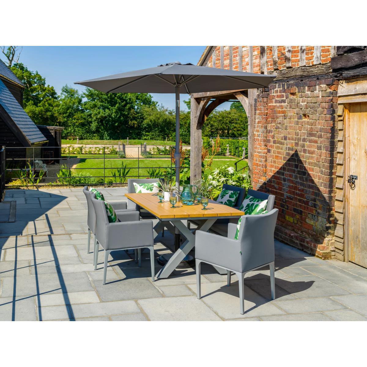LG Outdoor Siena 6-Seat Wood-Effect Garden Dining Table & Armchairs Set with Parasol, Grey – image 2