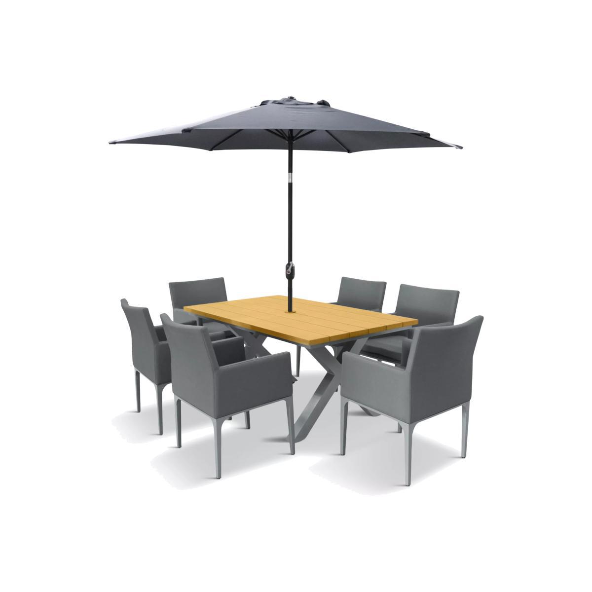LG Outdoor Siena 6-Seat Wood-Effect Garden Dining Table & Armchairs Set with Parasol, Grey – image 1