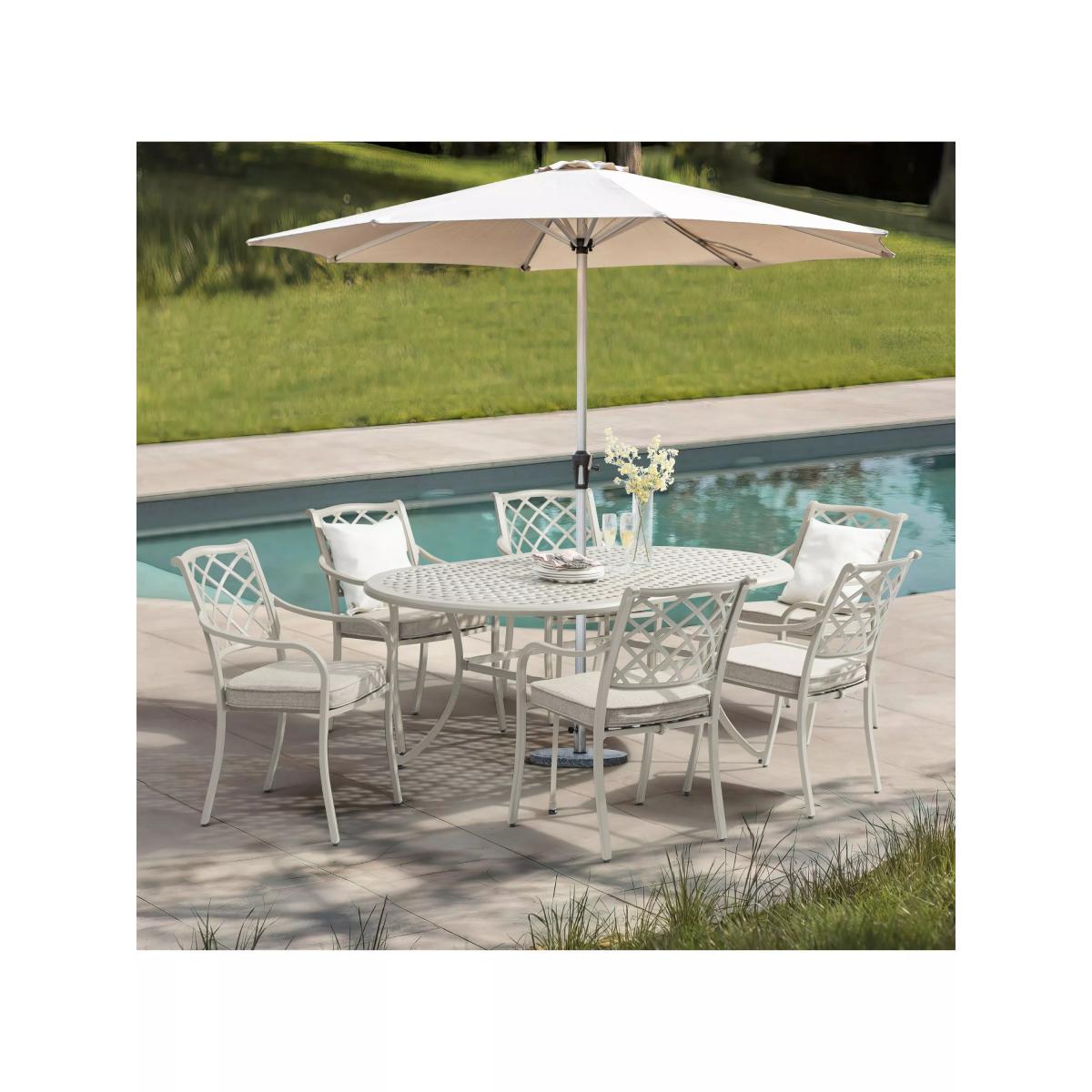 Bramblecrest Bridgewater 6-Seater Oval Garden Dining Table & Chairs Set with Parasol, Stone – image 3