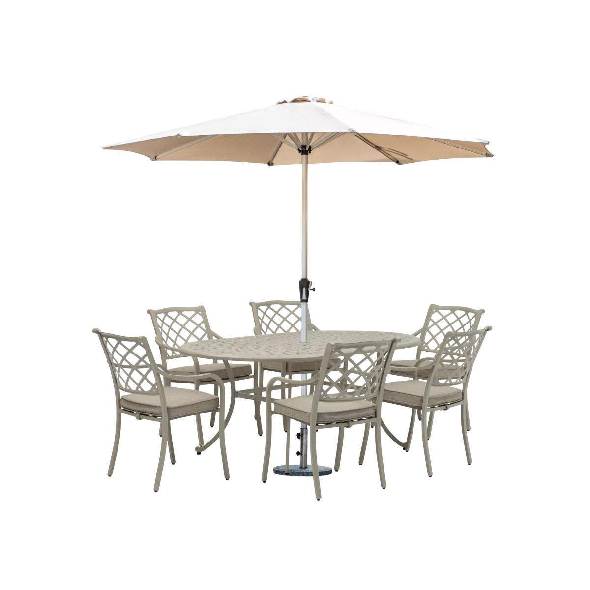 Bramblecrest Bridgewater 6-Seater Oval Garden Dining Table & Chairs Set with Parasol, Stone – image 1