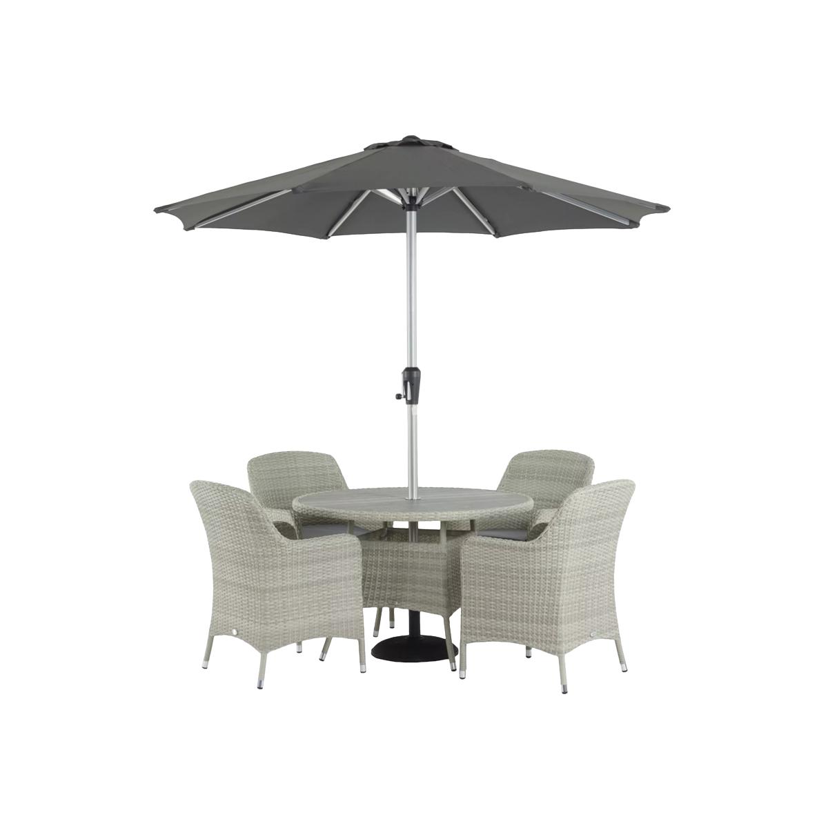 Bramblecrest Tetbury 4-Seater Round Garden Dining Table & Chairs Set with Parasol, Cloud – image 1